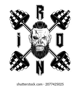 Drawing of a Viking's head on a background of crossed barbells. Iron sport. Bodybuilding. Powerlifting. Vector illustration for t shirt print. Hand drawn sport logos, badges, labels. Poster.