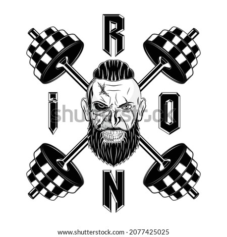 Drawing of a Viking's head on a background of crossed barbells. Iron sport. Bodybuilding. Powerlifting. Vector illustration for t shirt print. Hand drawn sport logos, badges, labels. Poster.