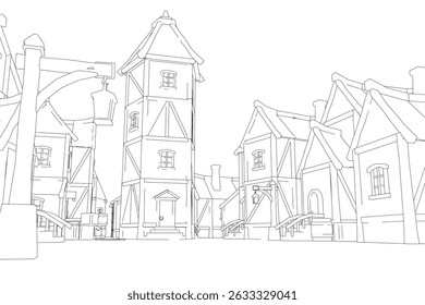 A drawing of a village with a few houses and a church. The houses are old and the church is small. Scene is peaceful and quiet
