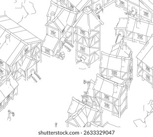 A drawing of a village. The houses are small and clustered together, with some of them having roofs. Scene is peaceful and quiet
