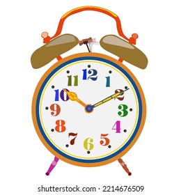 Drawing of vintage alarm clock, old style multi colored clock icon