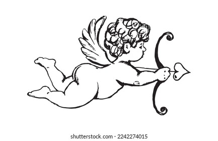 Drawing of vintage cupid, bow and arrow with heart. Cute flying angel cherub sketch, pencil drawing, vintage design. Vector monochrome hand drawn illustration, retro style.