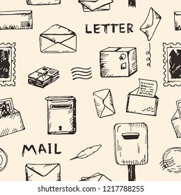 Drawing vintage seamless pattern with mailing objects and tools. Vintage sketched background with envelopes, letters, postage and box.