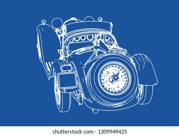 drawing of a vintage sports car blue background vector