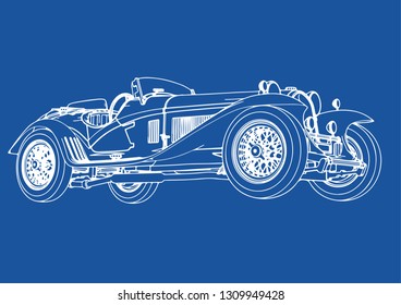 drawing of a vintage sports car blue background vector