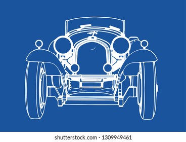 drawing of a vintage sports car blue background vector