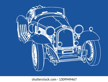 drawing of a vintage sports car blue background vector