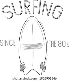 Drawing of a vintage surfboard and the phrase Surfing Since the 80's