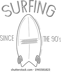 Drawing of a vintage surfboard and the phrase Surfing Since the 90's