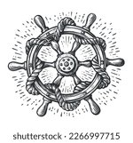 Drawing of vintage wooden steering wheel with rope. Ship helm sketch. Sea adventure, cruise concept. Vector illustration