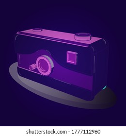 Dibujo en colores violeta, azul y neutro. Esbozo dibujado a mano en ilustración vectorial. Cámara fotográfica. 3 D. Axonometría.