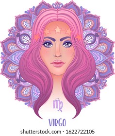 Drawing of Virgo astrological sign as a beautiful girl over ornate mandala pattern. Zodiac vector illustration isolated on white. Future telling, horoscope, alchemy, spirituality, fashion woman.