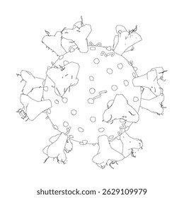 Un dibujo de un virus con un fondo blanco. El virus está rodeado por un círculo de puntos