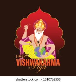 Drawing of Vishwakarma God of Hindus in white background, who is believed to be the architect of the universe. A banner for Vishwakarma Puja. Vector Illustration.