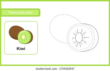 Drawing and vocabulary worksheet for preschool kids, Trace and colour : Kiwi