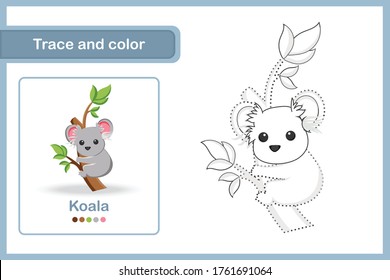 Drawing and vocabulary worksheet for preschool kids, Trace and colour : Koala