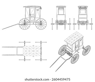 A drawing of a wagon with a horse pulling it. The wagon has a door and a window