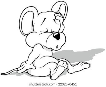 Drawing of a Waking Mouse Sitting on the Ground - Cartoon Illustration Isolated on White Background, Vector