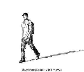 Drawing of a walking young man in a cap and with a backpack, casting a long shadow, Vector sketch isolated, Hand drawn illustration