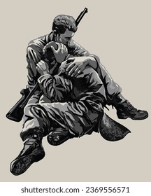 Drawing war story, calm down sad friend, sad, not strong, art.illustration, vector