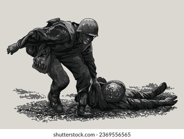 Drawing war story, save the injured, fight, not afraid, art.illustration, vector