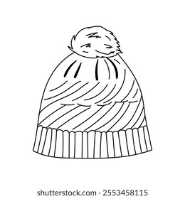 A drawing of a warm winter hat with pom-poms. Doodle style. Hand drawn vector illustration on white background in black outline. Cozy clothes.