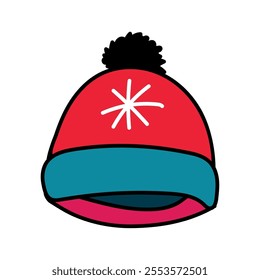 A drawing of a warm winter hat with pom-poms. Doodle style. Hand drawn vector illustration on white background in black outline. Cozy clothes.