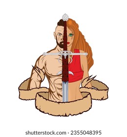 Drawing of a warrior and a girl. Landsknecht and Amazon. Illustrations for t shirt print. Color tattoo. Poster for design.