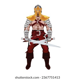 Drawing of a warrior in helmet and armor with a sword and dagger.. The wild Knight. The barbarian king. Illustrations for t shirt print. Color tattoo. Poster for design.