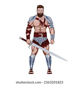 Zeichnung eines Kriegers mit einem langen Schwert und einer langen Rüstung. Der wilde Ritter. Der barbarische König. Illustrationen zum T-Shirt-Druck. Farbtätowierung. Poster für Design.