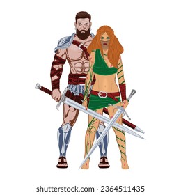 Drawing of a warrior with a long sword and a girl. A knight in armor and an Amazon. Illustrations for t shirt print. Color tattoo. Poster for design.
