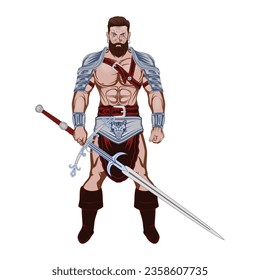 Drawing of a warrior with a two-handed sword and armor. The wild Knight. The barbarian king. Illustrations for t shirt print. Color tattoo. Poster for design.
