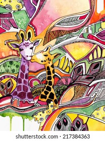 Drawing watercolor giraffes in love on abstract background. Vector illustration