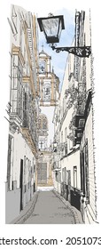 Drawing and watercolor representation of a colorful street in the old town of Sevilla, Spain - vector illustration