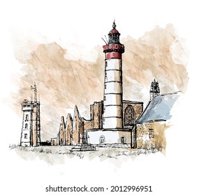 Drawing and watercolor of Saint Mathieu lighthouse and old abbey ruins in Brittany, France - vector illustration 