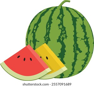 a drawing of a watermelon and a slice of watermelon.