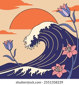 a drawing of a wave with flowers and the sun in the background.