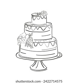 Drawing of a wedding cake with floral decoration. Tiered birthday cake. Modern linear sketch isolated on white background