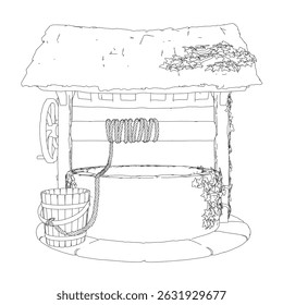 A drawing of a well with a rope around it. The well is surrounded by vines and has a bucket next to it