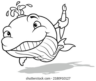 Drawing Of A Whale With A Big Smile Holding A Paintbrush In Its Fin - Cartoon Illustration Isolated On White Background, Vector