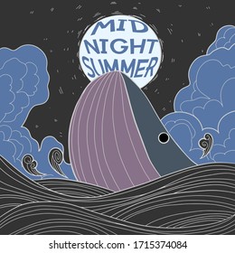 Drawing of whale in the midnigth summer sea