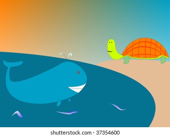 drawing of a whale and turtle, vector art illustration; more drawings in my gallery