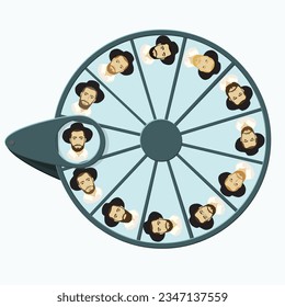 A drawing of the wheel of fortune with profile pictures of ultra-Orthodox Hasidic Jewish guys with a black cap and a white shirt.
It symbolizes the choice of a match or a community rabbi or a teacher 