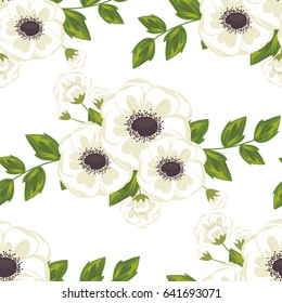 A drawing in a white flower on a light background with bright green leaves. Flower seamless pattern for textiles, fabric, cotton fabric, covers, wallpapers, print, gift wrapping and scrapbooking.