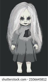Drawing White Hair Scary Doll, Long Hair, Art.illustration, Vector