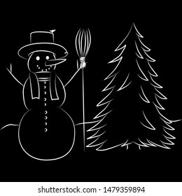 Drawing white lines on a black background. Snowman in a hat with a scarf and a broom near the Christmas tree.