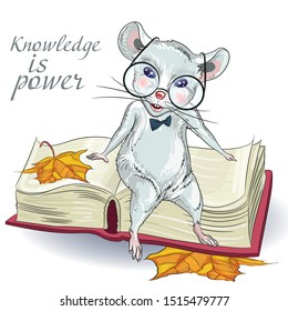 Drawing a white mouse with a book. Suitable for 2020 calendar, Zodiac sign, Horoscope.  Decorative greeting card-happy New year and merry Christmas.