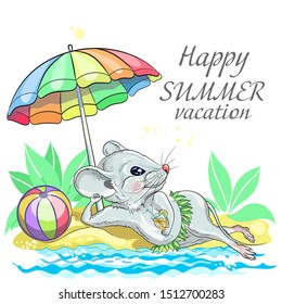 Drawing a white mouse on vacation. Suitable for 2020 calendar, Zodiac sign, Horoscope.  Decorative greeting card