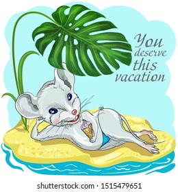 Drawing a white mouse on vacation. Suitable for 2020 calendar, Zodiac sign, Horoscope.  Decorative greeting card-happy New year and merry Christmas.