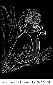 Drawing with a white parrot. Hand draws antistress for children and adults. A large bird with a crest. A parrot with small details on a tree. Design for children's books, textiles, packaging.